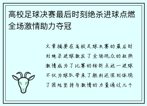 高校足球决赛最后时刻绝杀进球点燃全场激情助力夺冠