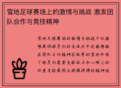 雪地足球赛场上的激情与挑战 激发团队合作与竞技精神