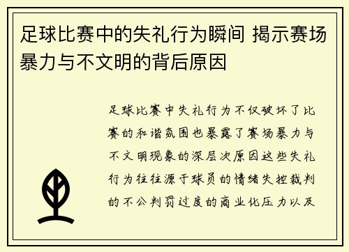 足球比赛中的失礼行为瞬间 揭示赛场暴力与不文明的背后原因