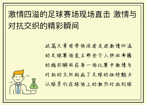 激情四溢的足球赛场现场直击 激情与对抗交织的精彩瞬间
