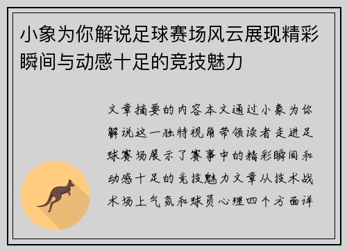 小象为你解说足球赛场风云展现精彩瞬间与动感十足的竞技魅力