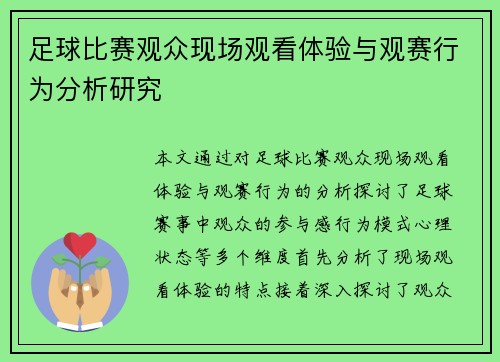 足球比赛观众现场观看体验与观赛行为分析研究