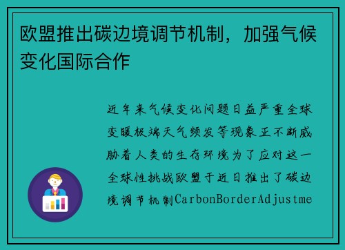 欧盟推出碳边境调节机制，加强气候变化国际合作