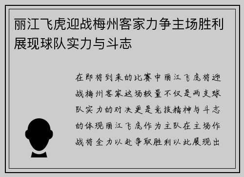 丽江飞虎迎战梅州客家力争主场胜利展现球队实力与斗志