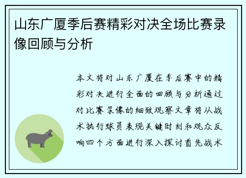 山东广厦季后赛精彩对决全场比赛录像回顾与分析