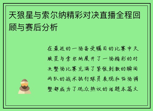 天狼星与索尔纳精彩对决直播全程回顾与赛后分析