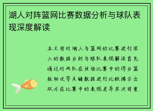 湖人对阵篮网比赛数据分析与球队表现深度解读