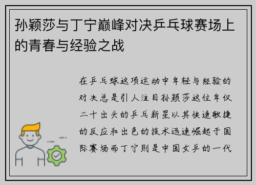 孙颖莎与丁宁巅峰对决乒乓球赛场上的青春与经验之战