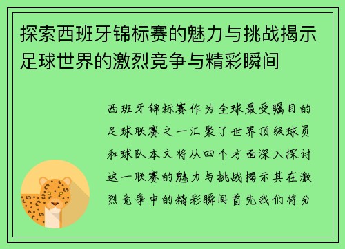 探索西班牙锦标赛的魅力与挑战揭示足球世界的激烈竞争与精彩瞬间