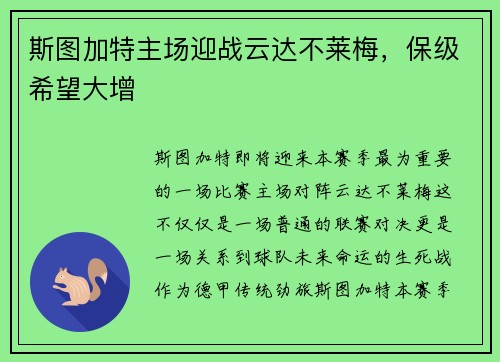 斯图加特主场迎战云达不莱梅，保级希望大增