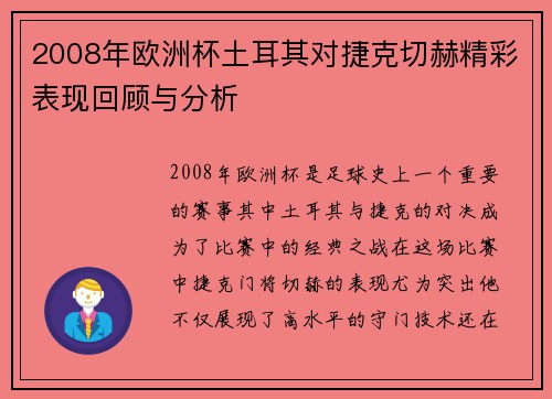 2008年欧洲杯土耳其对捷克切赫精彩表现回顾与分析