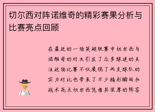 切尔西对阵诺维奇的精彩赛果分析与比赛亮点回顾