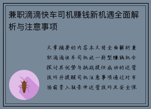兼职滴滴快车司机赚钱新机遇全面解析与注意事项