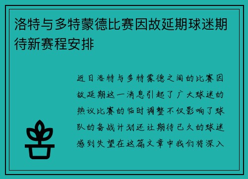 洛特与多特蒙德比赛因故延期球迷期待新赛程安排