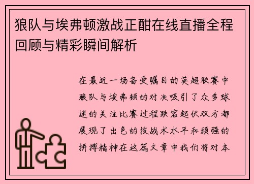 狼队与埃弗顿激战正酣在线直播全程回顾与精彩瞬间解析