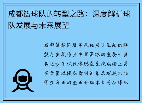 成都篮球队的转型之路：深度解析球队发展与未来展望