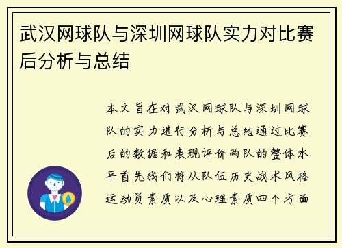 武汉网球队与深圳网球队实力对比赛后分析与总结