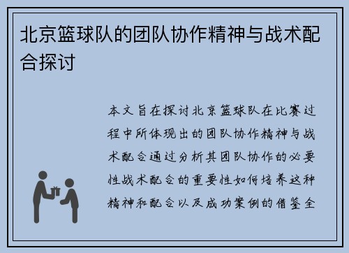 北京篮球队的团队协作精神与战术配合探讨
