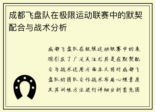 成都飞盘队在极限运动联赛中的默契配合与战术分析