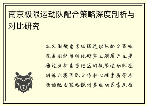 南京极限运动队配合策略深度剖析与对比研究